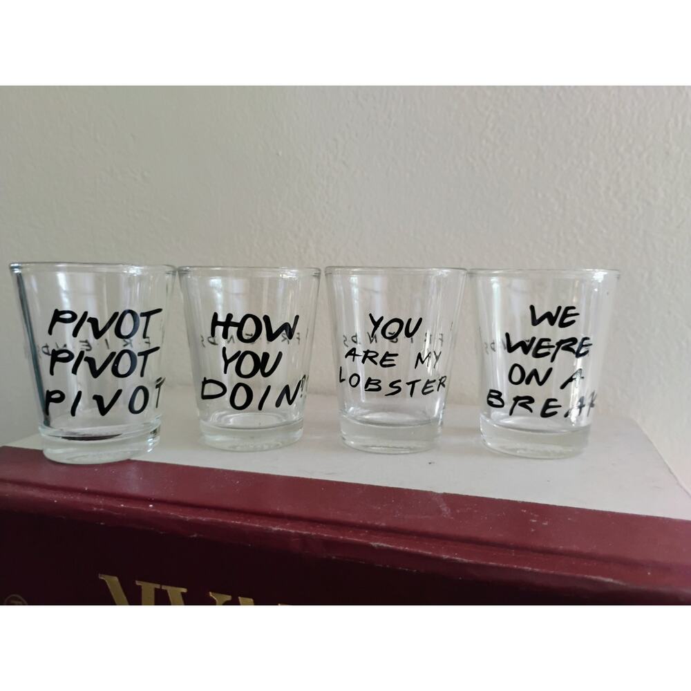 4 Vintage "Friends" Shot Glasses. 90s. Rachel, Ross, Chandler, Joey. Y2K. 2000s